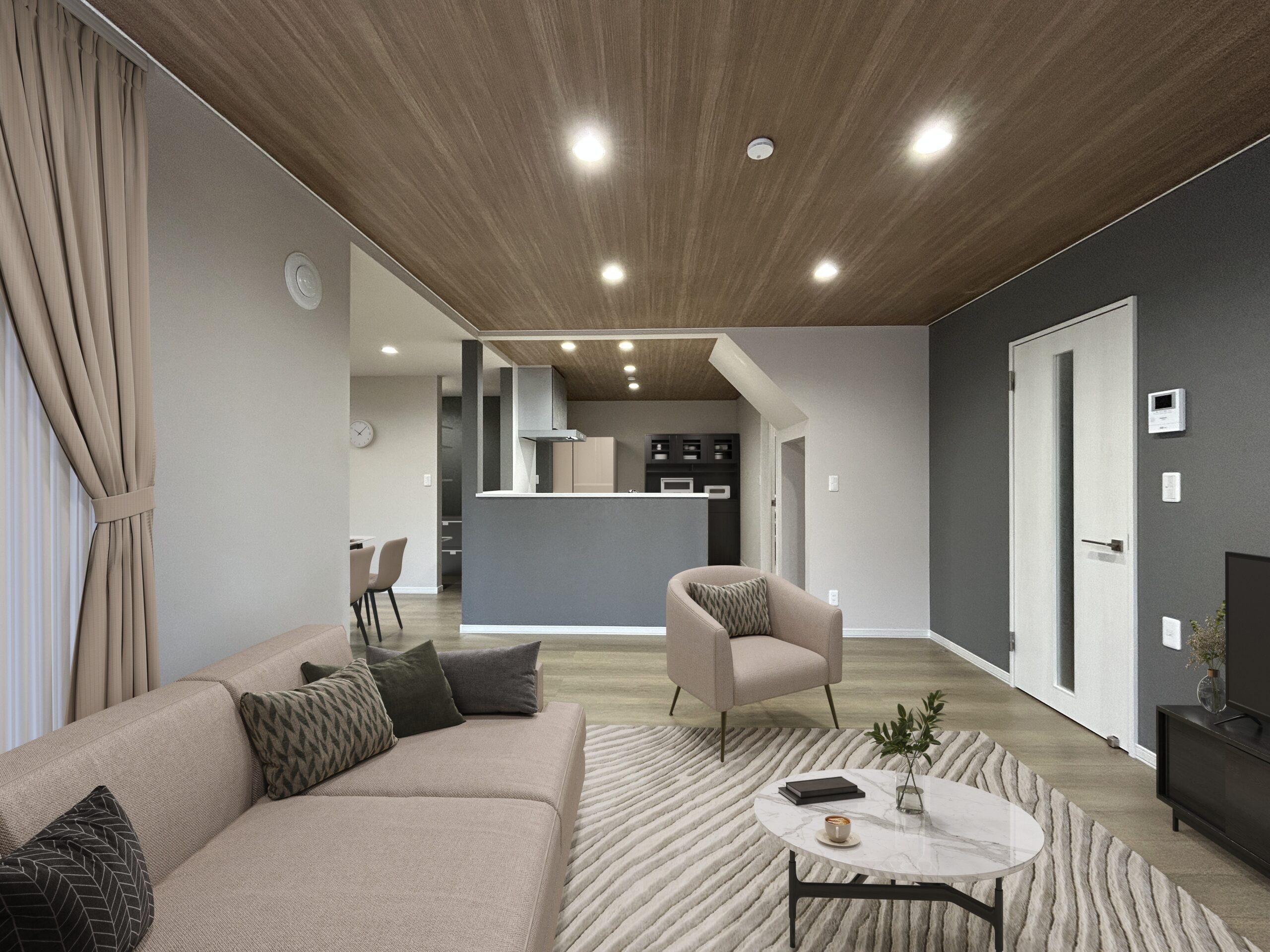 木目天井が映える、落ち着きと上質感を備えたモダン空間