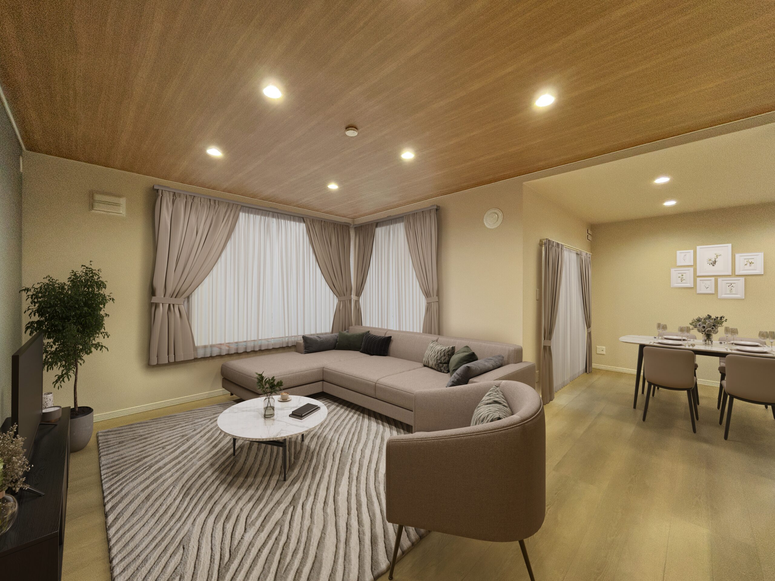 木目天井が映える、落ち着きと上質感を備えたモダン空間